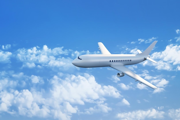 Foto vliegtuig dat in de lucht vliegt met een blauwe hemelscène 3d illustratie