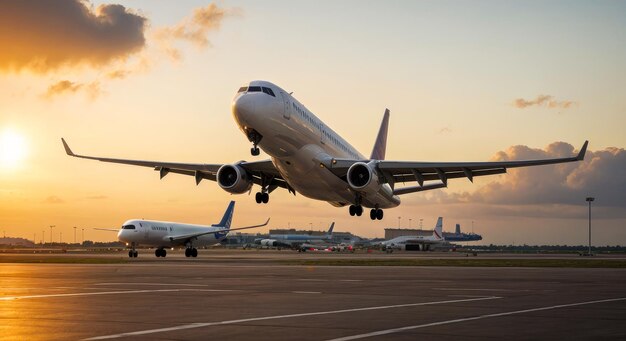 Foto vliegtuig dat opstijgt en landt op de landingsbaan bij zonsondergang reisvakantie bedrijfsconcept passagiersvliegtuig dat ontvliegt bij zonsopgang