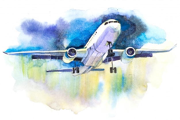 Vliegtuig die in de illustratie van de bewolkte hemelwaterverf vliegen