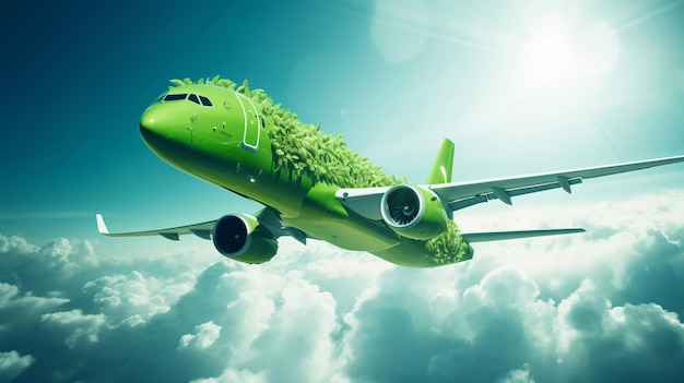 Vliegtuig in bladeren op groene copyspace achtergrond duurzaam reizen nul emissies reisconcept