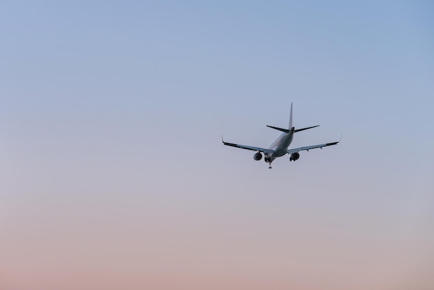 Foto vliegtuig in de lucht en zonsondergang op de achtergrond