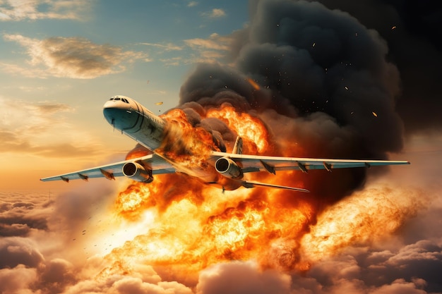 Foto vliegtuig in een rookstorm 3d-illustratie conceptuele afbeelding militair vliegtuig in brand ai gegenereerd