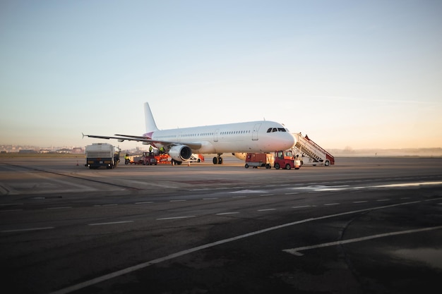 Vliegtuig klaar om op te stijgen bij de luchthaven in het licht van zonsopgang