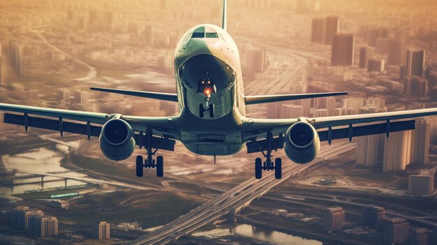 Foto vliegtuig landing op de luchthaven met uitzicht op zonsondergang