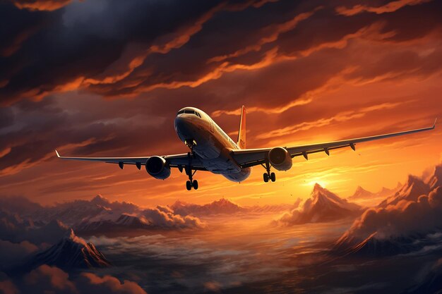 Vliegtuig landt tegen een vurige zonsondergang