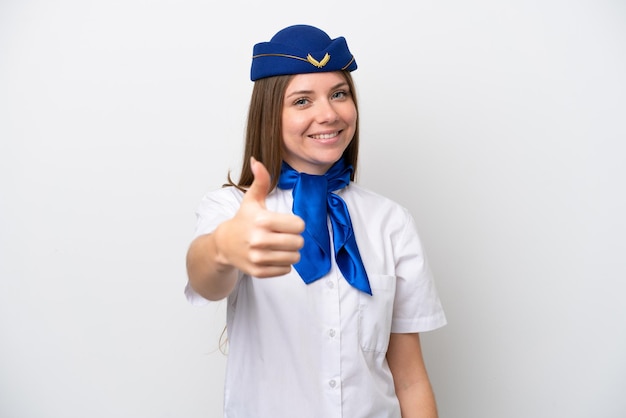 Vliegtuig Litouwse vrouw stewardess geïsoleerd op een witte achtergrond met duimen omhoog omdat er iets goeds is gebeurd