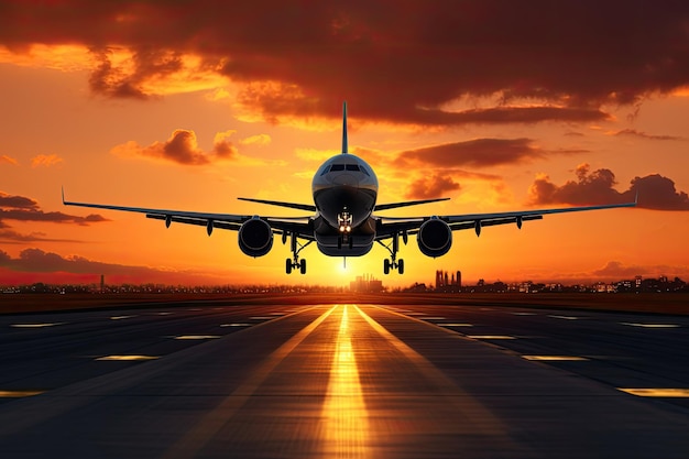 Vliegtuig op de landingsbaan op de luchthaven bij zonsondergang 3d render Een groot straalvliegtuig dat bij zonsondergang of zonsopgang een landingsbaan van een luchthaven neemt met het landingsgestel naar beneden AI gegenereerd