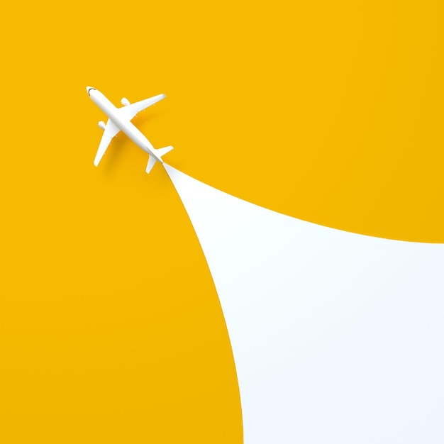 Vliegtuig op een gele achtergrond met kopie ruimte Bovenaanzicht 3D render illustratie