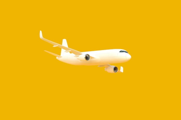 Vliegtuig op een gele achtergrond met kopieerruimte Minimaal stijlontwerp 3D-rendering illustratie