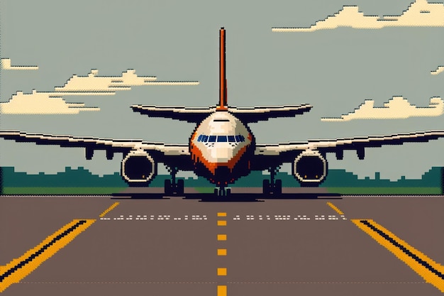 Vliegtuig op landingsbaan reizen vervoer pixel art stijl grafische achtergrond