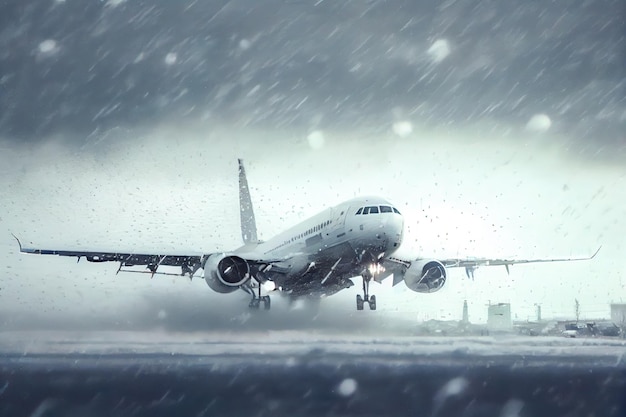 Vliegtuig opstijgen in een sneeuwstorm Generatieve AI Generatieve AI