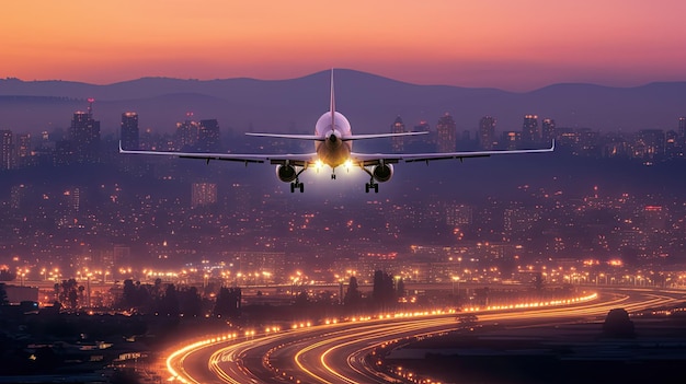 Vliegtuig opstijgen schemering stad op de achtergrond
