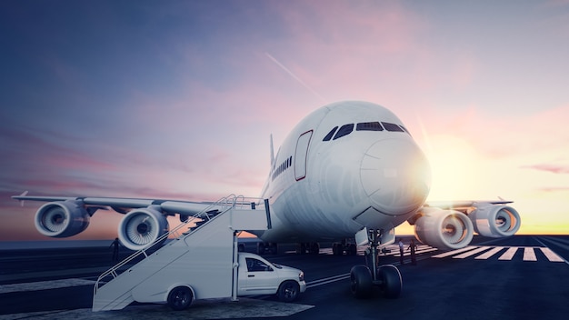 Vliegtuig opstijgen vanaf de luchthaven. 3d-rendering en illustratie.