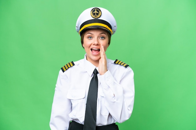 Vliegtuig piloot vrouw over geïsoleerde chroma key achtergrond met verrassing en geschokte gezichtsuitdrukking