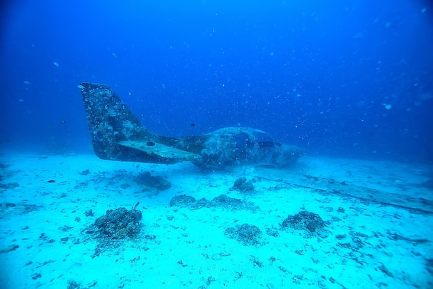 vliegtuig scuba wrak / duikplaats vliegtuig, onderwaterlandschap vliegtuigcrash in de zee
