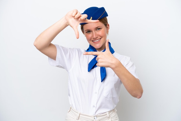 Vliegtuig stewardess vrouw geïsoleerd op een witte achtergrond gericht gezicht Framing symbol