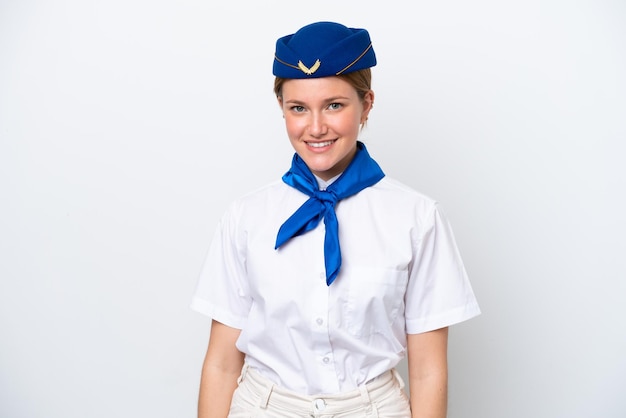 Vliegtuig stewardess vrouw geïsoleerd op witte achtergrond lachen