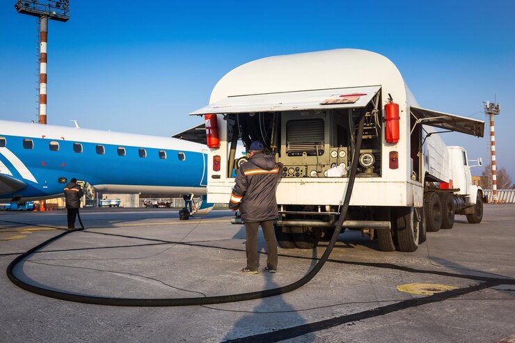 Vliegtuig tanken met een hogedruktanker Een passagiersvliegtuig wordt getankt vanuit een bevoorradingsvrachtwagen Airport Service