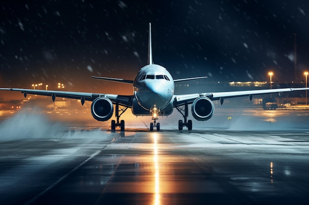 Vliegtuig taxi't naar de landingsbaan voor het opstijgen tijdens zware sneeuwval Winternacht op de luchthaven