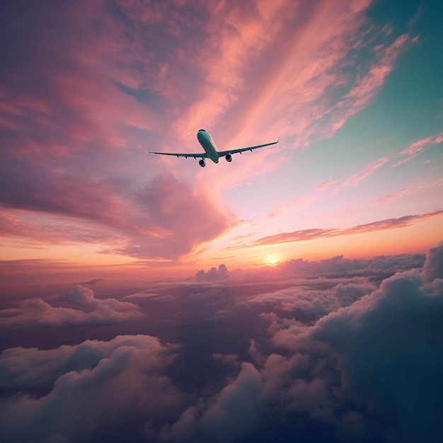 Vliegtuig vliegen boven de wolken bij zonsondergang 3d render illustratie