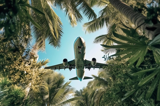 Vliegtuig vliegt boven een palmboom