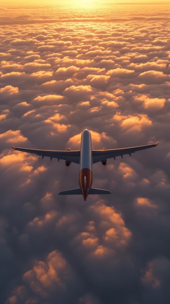 Vliegtuig vliegt boven wolken bij zonsondergang