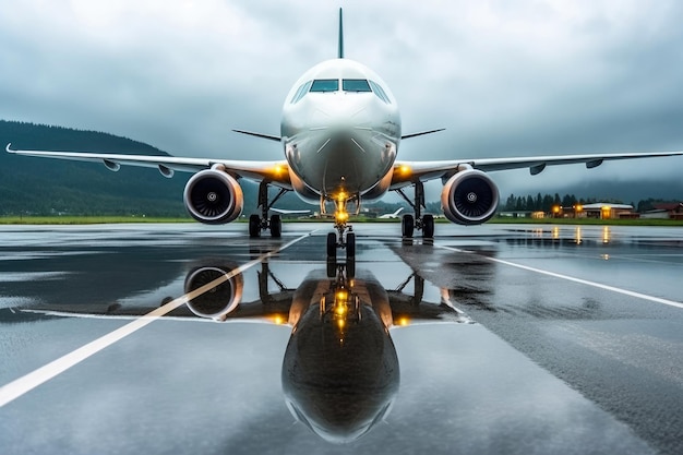 Vliegtuig wachten op start na een zware regenvertraging