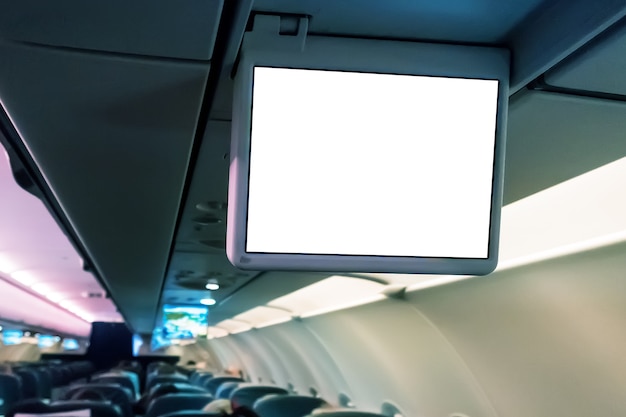 Vliegtuig weergavescherm. blanco formulier voor ontwerp. leeg scherm. kopieerruimte, kopieer ruimte. Informatiebord aan boord van het vliegtuig. In-flight entertainment in het vliegtuig.