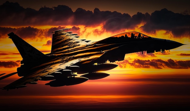 Vliegtuigen jet schaduw op zonsondergang Vliegtuig oorlog silhouet vliegen in de lucht Generatieve AI