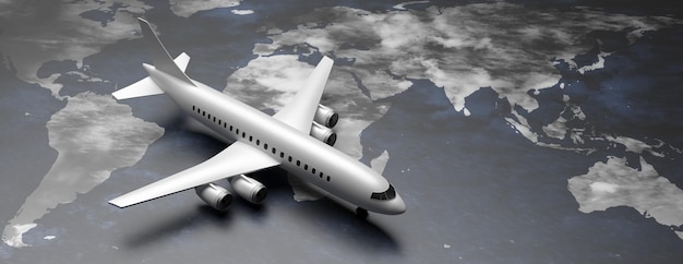 Vliegtuigmodel op wereldkaart achtergrond 3d illustratie