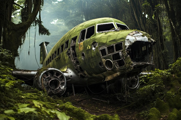Foto vliegtuigongeluk in de jungle crash site wracked oude roestige vliegtuig overwoekerd met loof in de jungle bos vermiste vlucht