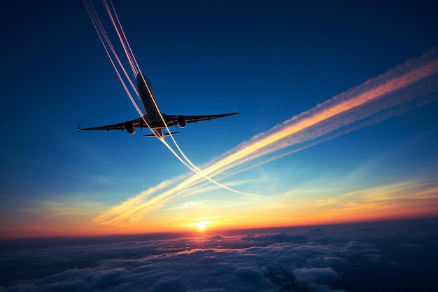 Foto vliegtuigsporen die de lucht doorkruisen