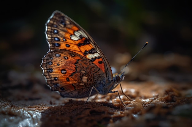 Vlinder die op de grond rust en zijn ingewikkelde patronen en kleuren laat zien Generatieve AI