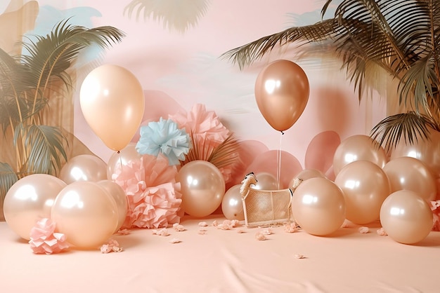 Vlinder en ballons als de achtergrondpastelkleur van de verjaardagsbabyfotografie en gouden ballonspalm l