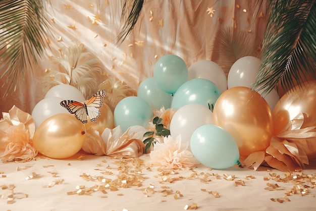 Vlinder en ballons als de achtergrondpastelkleur van de verjaardagsbabyfotografie en gouden ballonspalm l