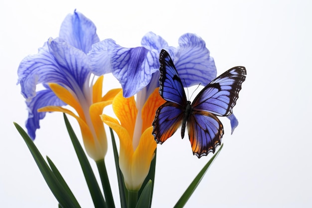Vlinder landt op irisbloesem geïsoleerd op witte achtergrond