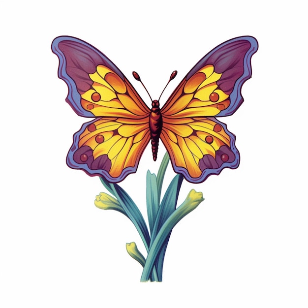 Vlinder met gele en paarse vleugels op een stam van groene bladeren generatieve ai