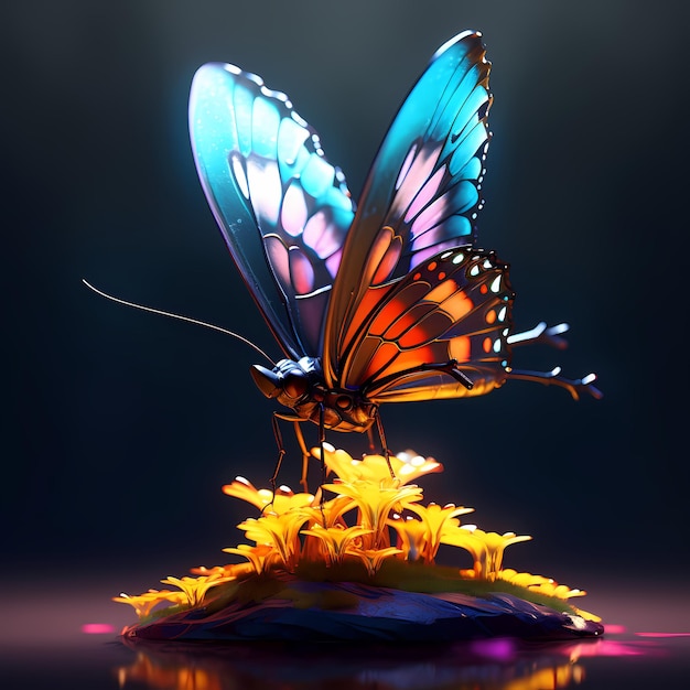 Vlinder neon silhouet in lijn kunst stijl 3D vector illustratie van gloeiende papillon contour top