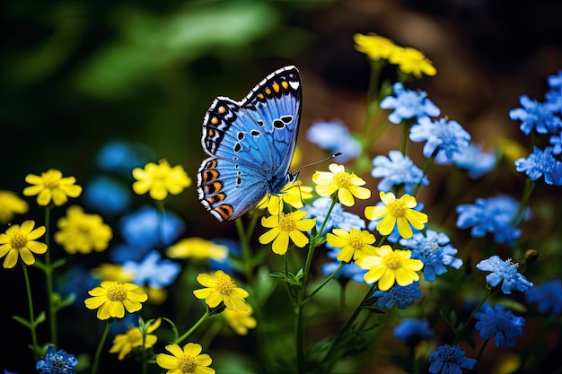 Vlinder op bloem Blauwe vlinder op bloem Blauwe vlinder op bloem Prachtige vlinder zittend op een blauwe bloem AI gegenereerd