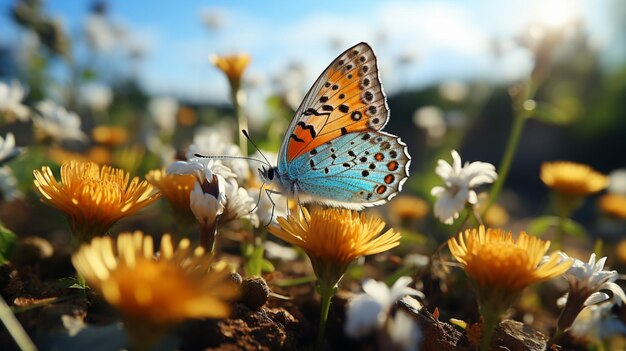 vlinder op de bloem en vliegt rond het veld