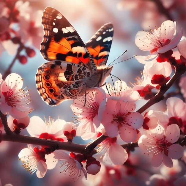 vlinder op een bloeiende kersen behang