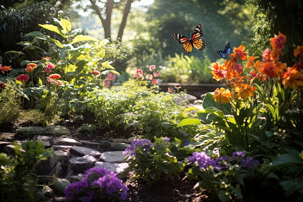 Vlinder op een bloembed in een prachtige tuin AI gegenereerd