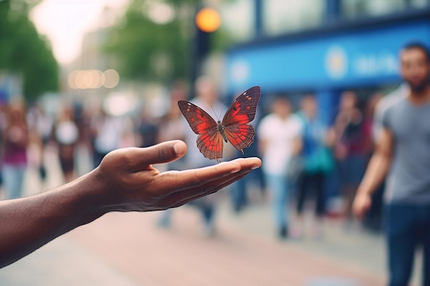 Foto vlinder op een stuk straatkunst waarbij graffiti en natuur worden gemengd