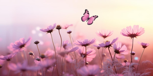 Vlinder op levendige roze bloemen in een zacht serene licht