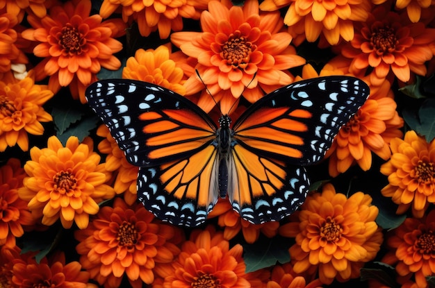 Vlinder op oranje bloemen achtergrond