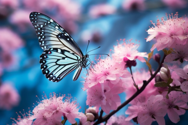 Vlinder op roze sakura bloemen close-up Natuur achtergrond