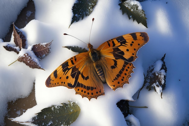 Vlinder rustend op blad omgeven door sneeuw