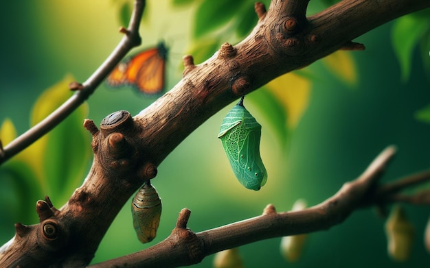 Vlinderpupa op een tak Vlinderlarve Vlinderroos