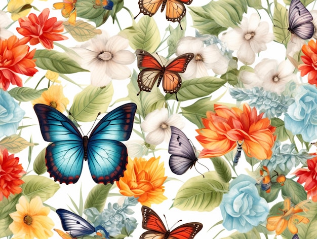 Vlinders en bloemen op een witte achtergrond met een witte achtergrond generatieve ai
