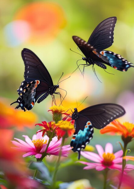Vlinders met ingewikkelde patronen op levendige bloemen natuurlijke achtergrond